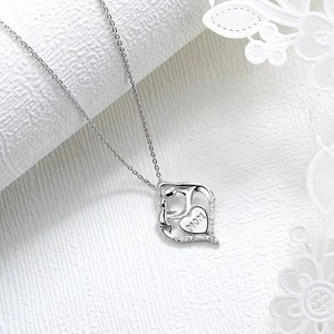Silver hollow heart necklace with MOM engraving and zircons for Mother's Day gift