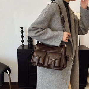 Vintage dark brown faux leather shoulder bag with dual buckle pockets for women