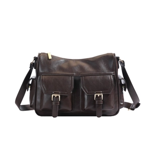 Deep brown vintage leather tote bag with double front flap pockets and adjustable strap
