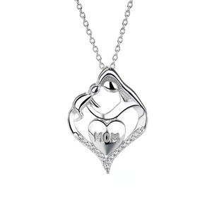 Silver mother and child heart necklace with MOM engraving and cubic zirconia