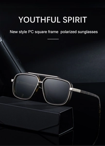 Detail of square polarized sunglasses with silver trim and tortoiseshell temples on a case