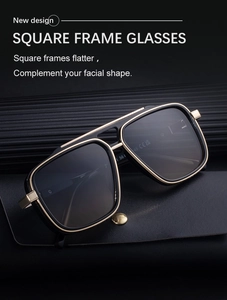 Close-up of square polarized sunglasses with double bridge design and gold metal accents