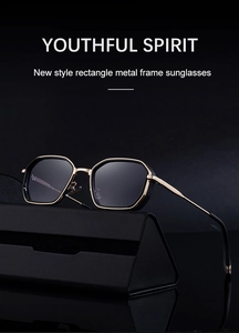 Detail of square metal sunglasses with side mesh shields and a black leather case