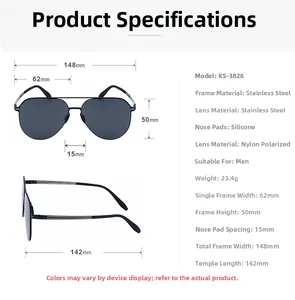 Detailed size specifications for aviator polarized sunglasses with stainless steel frame