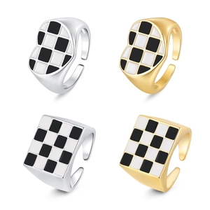 Checkerboard Enamel Heart Square Open Rings For Women Plated Copper Adjustable Finger Ring Fashion Jewelry