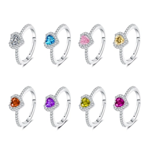 Verstellbares Silber Herzring-Set mit bunten Zirkonsteinen in 8 verschiedenen lebhaften Farben