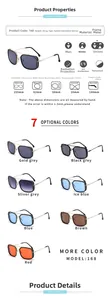 Detailed size chart for square metal sunglasses showing frames and dimensions