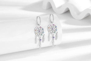 Detailed view of silver dreamcatcher earrings featuring colorful zirconia stones and feathers