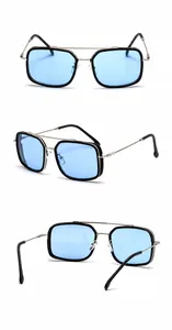 Three views of fashion rectangular sunglasses with blue lenses and metal temples