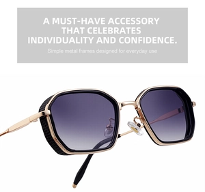 Detail of retro steampunk sunglasses featuring golden metal mesh side shields and hex frames