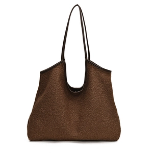 Brown fluffy lamb wool tote bag with large capacity and elegant leather handles