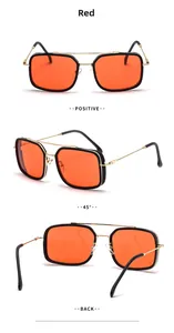 Three-angle view of vintage square sunglasses with red lenses and gold metal frame