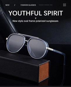 Polarized oval sunglasses with silver double bridge resting on a black leather case