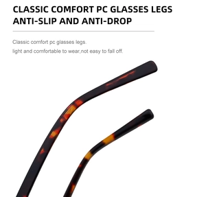 Detail of tortoiseshell patterned PC temples showing anti-slip texture and comfortable fit