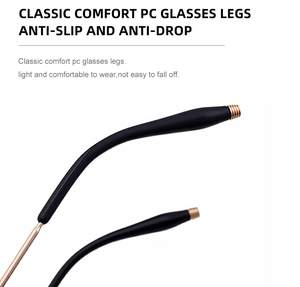 Detail of matte black temple tips with gold metal reinforcement for non-slip eyewear