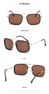 Detailed views of square frame sunglasses in brown with spring hinges and nose pads