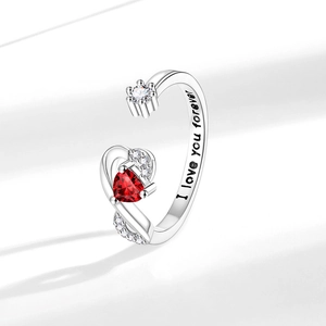 Silver open heart ring with red birthstone and I love you forever engraving
