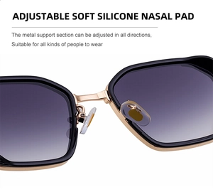 Macro shot of adjustable soft silicone nose pads and rose gold metal bridge on sunglasses