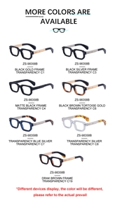 Detailed grid showing seven color variations of square frame sunglasses with metal hinges