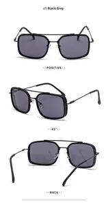 Detailed views of square metal sunglasses with double bridge and black grey lenses