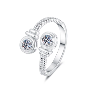 Minimalist twisted rope silver open ring featuring dual round brilliant cut crystals
