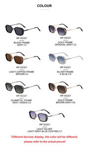 Detailed overview of square retro sunglasses in seven assorted color frames and lenses