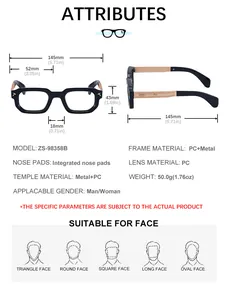 Size chart and dimensions for square frame sunglasses with detailed product measurements