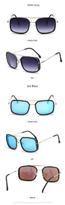 Detailed views of square metal frame sunglasses in silver grey and ice blue colors