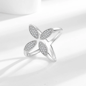 Silver four-leaf clover open ring with sparkling white zircon stones in 18k plating