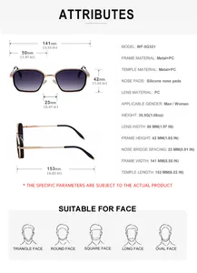 Detailed size guide with frame dimensions and specifications for square sunglasses
