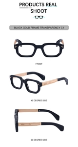 Three angles of square black frame sunglasses with golden metal arrow temples