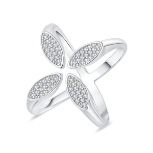 Fashionable lucky four-leaf clover ring with sparkling crystals and silver plated finish