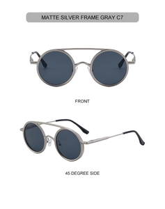 Vue détaillée des lunettes de soleil rétro en métal argenté avec verres gris C7