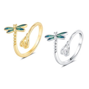 Dragonfly Open Ring Blue Green Enamel Copper Adjustable Elegant Fashion Animal Shape Jewelry For Women Girls