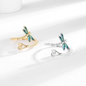 Blue dragonfly open rings with enamel wings and heart details in gold and silver finish