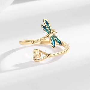 Blue enamel dragonfly open ring with gold-plated finish and spiral heart design