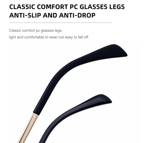 Detail of black anti-slip PC temple tips on gold glasses frame for maximum comfort