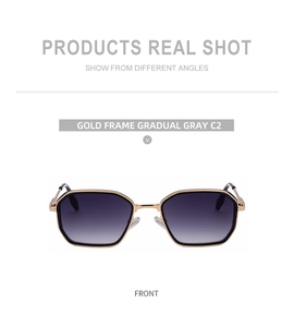 Front view of C2 square sunglasses featuring gold metal frame and gradient gray lenses