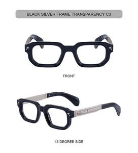 Detail of square black and silver sunglasses with silver T-logo and arrow on the temple