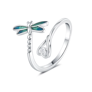 Adjustable silver dragonfly open ring with blue-green enamel wings on white background