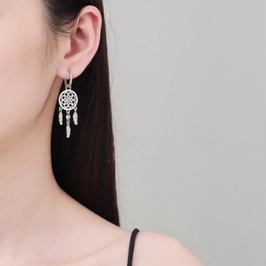 Bohemian silver dreamcatcher hoop earrings with colorful crystals and feather charms