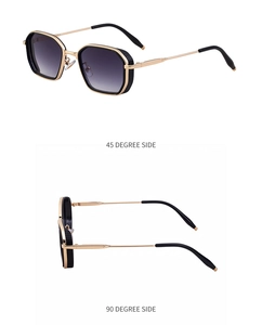 Dual view of retro square sunglasses with gold metal frames and gradient lenses