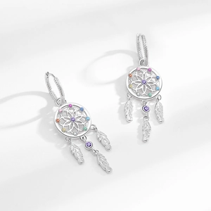 Silver dreamcatcher earrings with colorful cubic zirconia and feather tassels
