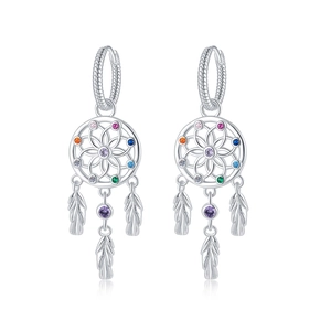 Sparkling S925 silver dreamcatcher earrings with colorful zircon stones and feather tassels