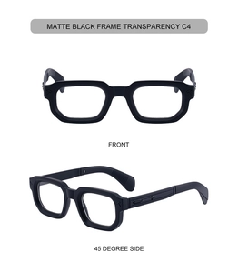 Detail of matte black square frames with T-shaped hardware and clear lenses