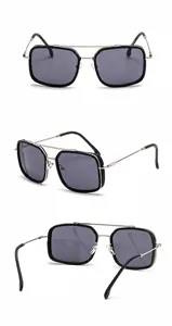 Three-way view of silver square aviator sunglasses with grey lenses and spring hinges