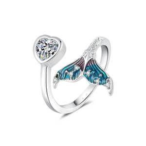 Adjustable silver fishtail ring with heart crystal and blue purple enamel finish