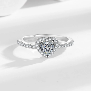 Adjustable sterling silver heart-shaped halo ring with sparkling zircon pavé setting
