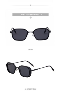 Macro detail of retro square sunglasses featuring textured metal hinges and black frames