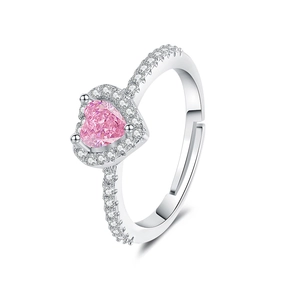 Sparkling pink heart zircon ring with white pave crystal adjustable silver band
